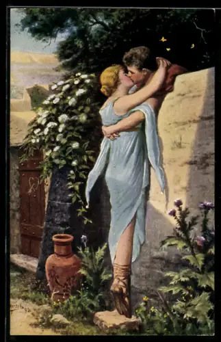 Künstler-AK sign. H. Hirsch: Paar küsst sich an einer Mauer