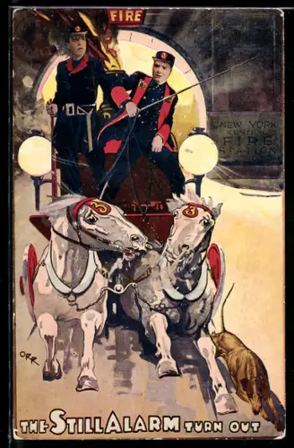 AK New York Fire Station, The Still Alarm turn out, Feuerwehrwagen mit zusammengebrochenen Pferden