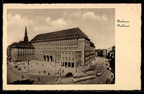 AK Bochum, Rathaus mit Strassenbahn aus der Vogelschau