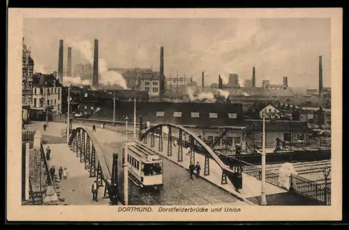 AK Dortmund, Dorstfelderbrücke und Union mit Strassenbahn aus der Vogelschau