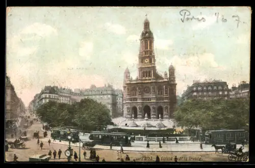 AK Paris, Eglise de la Trinité, Strassenbahn