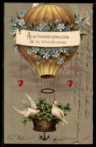 AK Zwei weisse Tauben mit Glücksklee im Vergissmeinnicht-Ballon