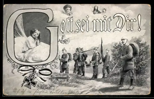 AK Soldaten in Uniformen, Betendes Kind und Engel, Eisernes Kreuz