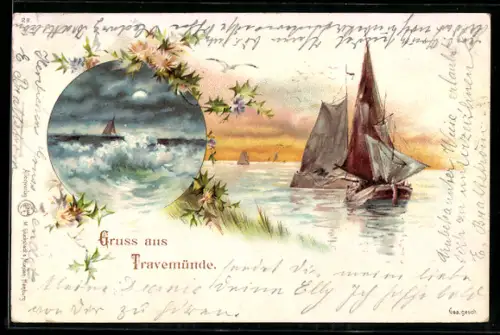 Lithographie Travemünde, Segelpartien morgens und im Mondschein, Strandblumen