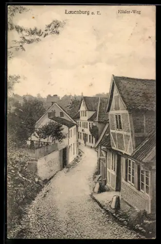 AK Lauenburg /Elbe, Köhler-Weg, Strassenpartie mit Fachwerkhaus aus der Vogelschau