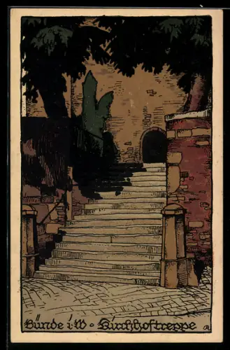 Steindruck-AK Bünde, Kirchhoftreppe