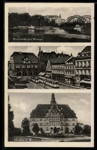 AK Minden i. W., Weserbrücke, Marktplatz mit Strassenbahn, Regierungsgebäude