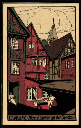 Steindruck-AK Mölln i. L., Alte Häuser an der Seestrasse