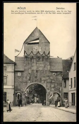 AK Mölln /Lbg., Steintor mit Strasse u. Durchblick, Girlande, Fahne