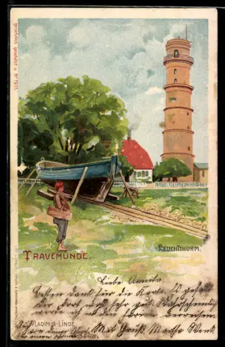 Künstler-AK Wladimir Linde: Travemünde, Partie am Leuchtturm