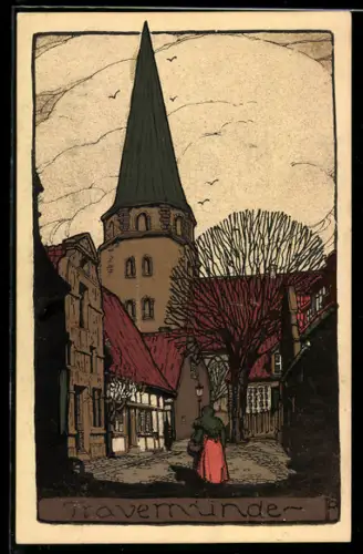 Steindruck-AK Travemünde, Strassenpartie mit Kirche