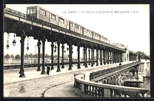 AK Paris, Le Pont et la Passerelle du Métropolitain à Passy, U-Bahn