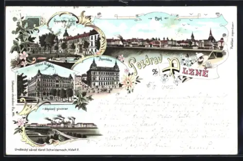 Lithographie Pilsen /Plzen, Hotel Waldek, Aktien-Brauerei, Sporitelna