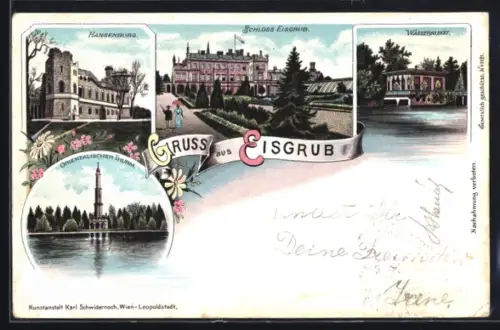 Lithographie Eisgrub, Hansenburg, Schlss Eisgrub, Wasserkunst, Orientalischer Turm