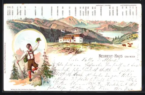 Lithographie Neureut-Haus, Wanderer, Karwendel und Wettersteingebirge