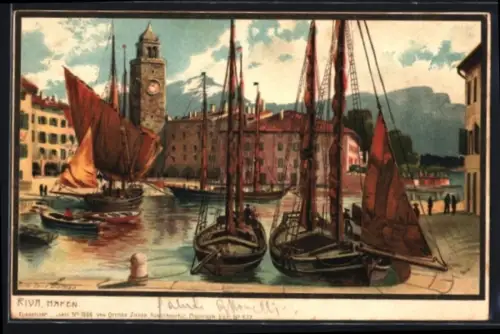 Künstler-Lithographie Zeno Diemer: Riva, Partie im Hafen, Segelboote