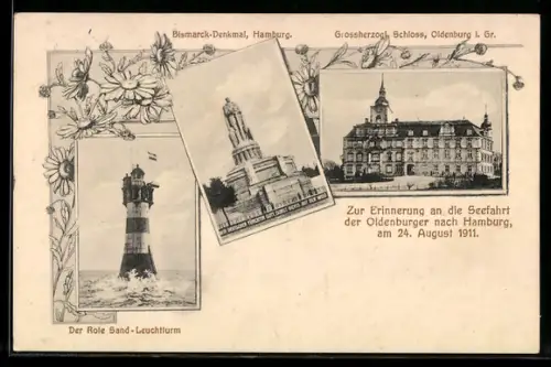 AK Hamburg-St.Pauli, Seefahrt der Oldenburger nach dem Ort 1911, Der Rote Sand-Leuchtturm, Bismarck-Denkmal