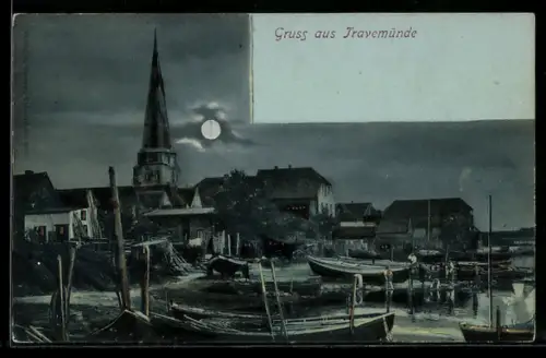 AK Travemünde, Ortspartie mit Kirche, Fischerboote am Ufer