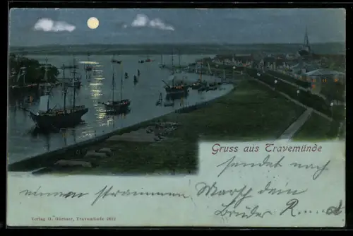 Mondschein-AK Travemünde, Uferpartie, Im Hintergrund Kirche
