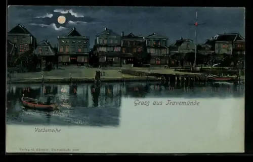 Mondschein-AK Travemünde, Vorderreihe mit Booten