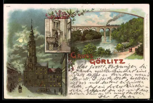 Lithographie Görlitz, Viaduct, Rathaustreppe