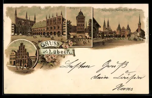 Lithographie Lübeck, Schiffergesellschaft, Burgtor, Rathaus