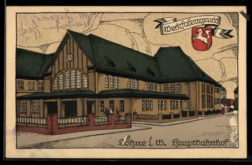Steindruck-AK Löhne i. W., Hauptbahnhof mit Wappen