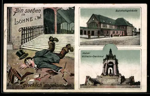 AK Löhne i. W., Bahnhofsgebäude, Kaiser Wilhelm-Denkmal, stürzender Reisender