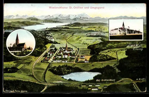 Künstler-AK Eugen Felle: St. Ottilien, Erz-Abtei und Umgebung aus der Vogelschau, in der Ferne die Alpen