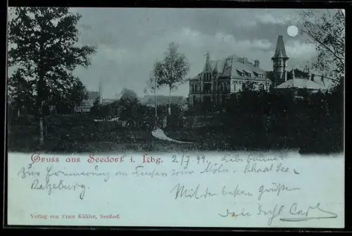 Mondschein-AK Seedorf i. Lbg., Schloss und Park