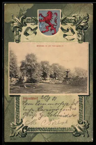 Passepartout-AK Düsseldorf, Brunnen in der Königsallee und Stadtwappen