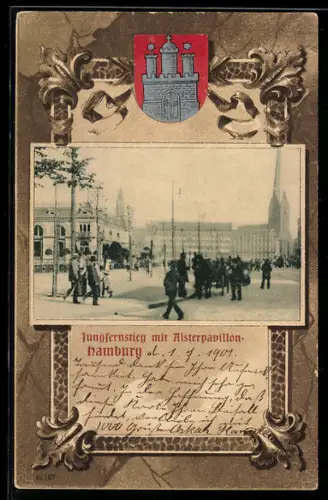 Grusskarten-AK Hamburg-Neustadt, Jungfernstieg am Alsterpavillon mit Blick zum Kirchturm, Wappen im Passepartout