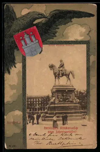 Grusskarten-AK Hamburg, Partie vor dem Kaiser Wilhelm-Denkmal, Wappen und Adler im Passepartout