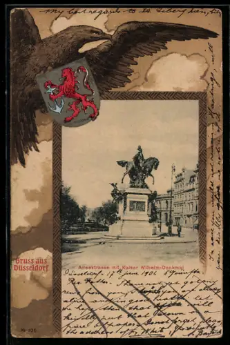 Grusskarten-AK Düsseldorf, Alleestrasse mit Kaiser Wilhelm-Denkmal zu Pferde, Raubvogel mit Wappen im Passepartout
