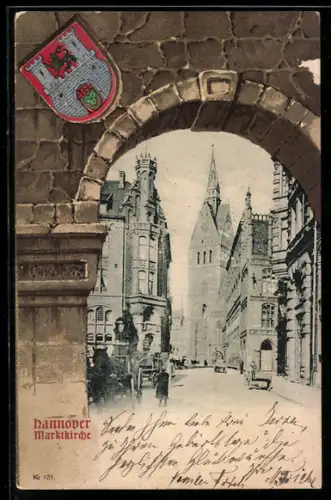 AK Hannover, Strassenblick zur Marktkirche, Stadtwappen