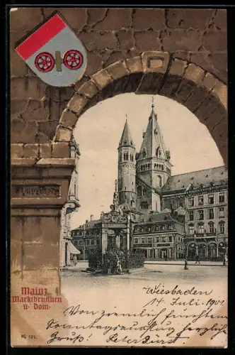 AK Mainz, Durchblick zum Marktbrunnen und Dom mit Wappen