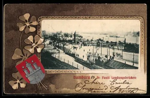 Passepartout-Lithographie Hamburg-St. Pauli, Blick auf die Landungsbrücken, Stadt-Wappen