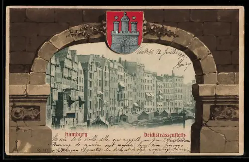 Passepartout-AK Alt-Hamburg, Deichstrassenfleth mit Booten durch Tor, Wappen