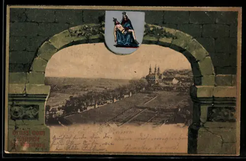 Grusskarten-AK Würzburg, Ortsansicht mit Wallfahrtskirche Käppele, Wappen im Passepartout