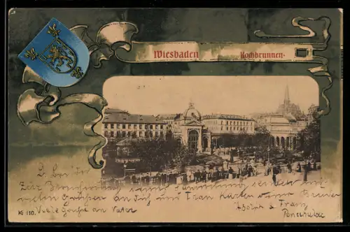 Passepartout-AK Wiesbaden, Kochbrunnen und Stadtwappen