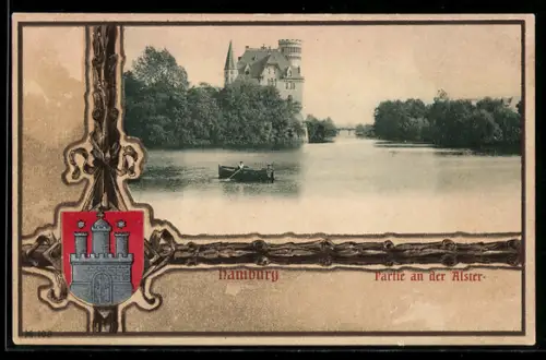 AK Hamburg-St.Georg, Partie an der Alster mit Wappen