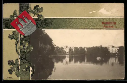 Grusskarten-AK Hamburg-Uhlenhorst, Blick auf den Feenteich, Eicheln und Wappen im Passepartout