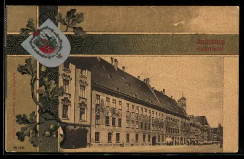 AK Augsburg, Fuggerhaus mit Strassenpartie und Wappen