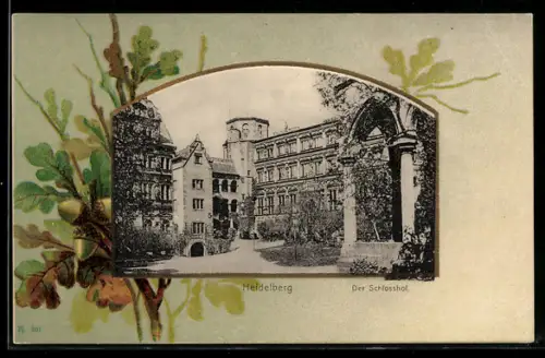 AK Heidelberg, Der Schlosshof mit Passepartoutrahmen Eicheln
