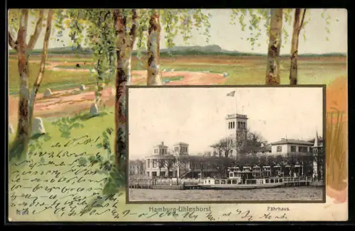 Grusskarten-AK Hamburg-Uhlenhorst, Fährhaus von der Wasserseite, Idyllische Landschaft im Passepartout