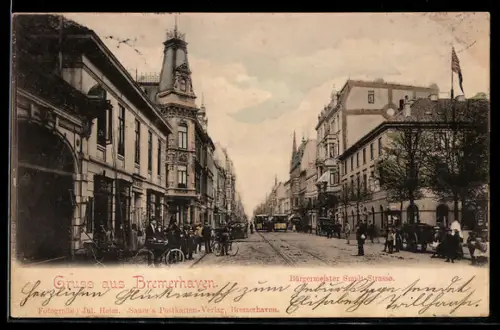 AK Bremerhaven, Blick in die Bürgermeister Smidt-Strasse, Strassenbahn