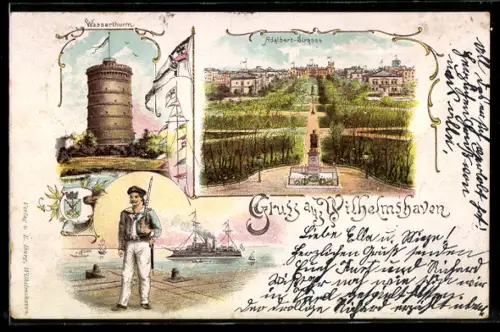 Lithographie Wilhelmshaven, Adalbert-Strasse mit Denkmal, Wasserturm, Matrose mit Gewehr