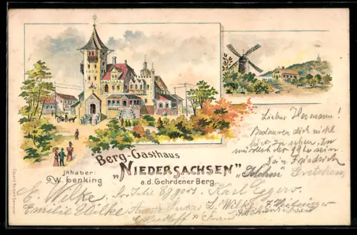 Lithographie Gehrden, Gasthof Niedersachsen a. d. Gehrdener Berg, Windmühle