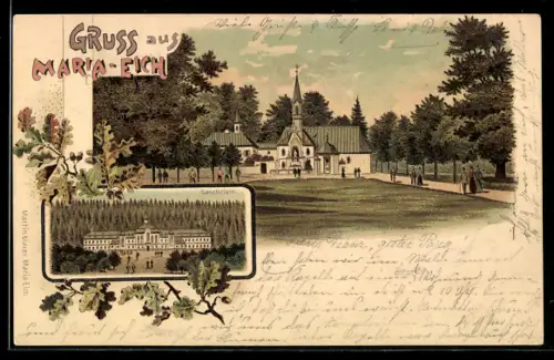 Lithographie Maria-Eich, Sanatorium, Gesamtansicht m. Kirche