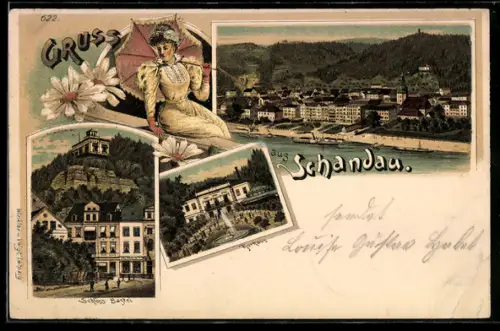 Lithographie Schandau, Ortsansicht, Schloss Bastei, Kurhaus, Dame mit Sonnenschirm